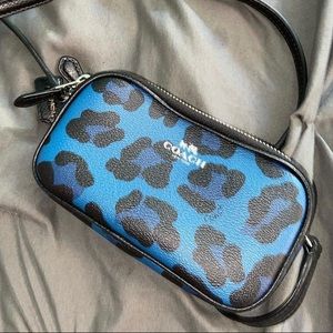 Blue cheetah print crossbody coach purse